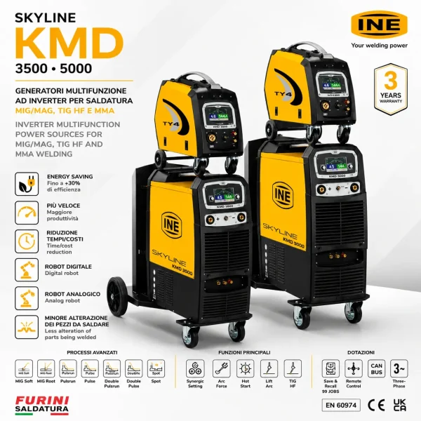 Generatori multifunzione INE SKYLINE KMD 3500 e 5000 MIG MAG TIG HF MMA con touchscreen