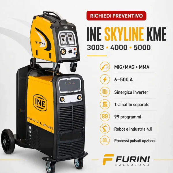Generatori inverter INE SKYLINE KME 3003 4000 e 5000 per saldatura MIG MAG MMA e robotizzata