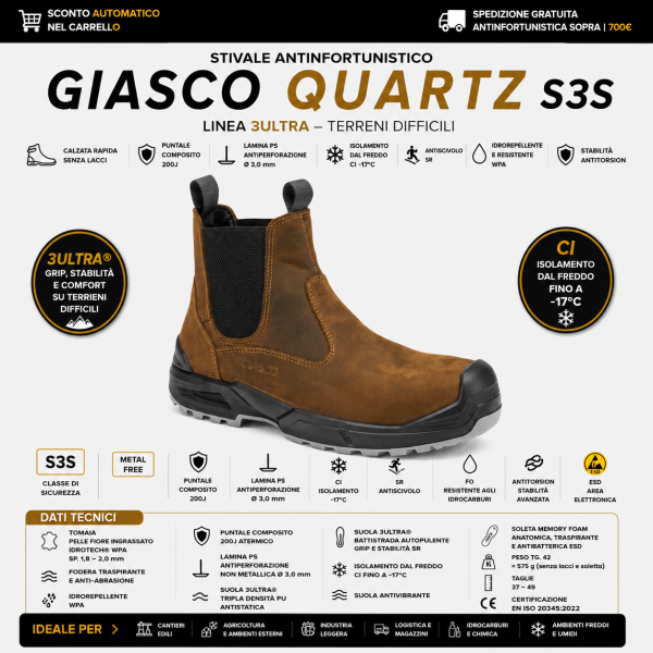Giasco QUARTZ S3S sono scarpe antinfortunistiche alla caviglia senza lacci, progettate per offrire massima praticità di calzata