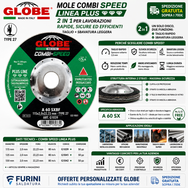 Mola COMBI SPEED GLOBE A 60 SX 2 mm per taglio e sbavatura leggera acciaio inox