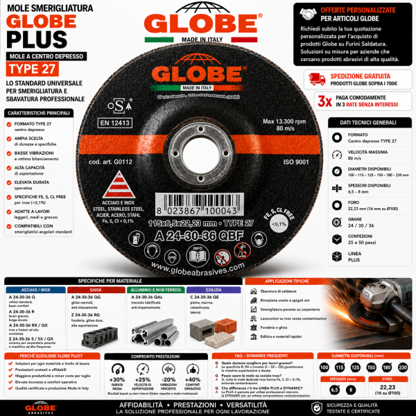 Mola da smerigliatura GLOBE PLUS Type 27 per acciaio inox ghisa alluminio