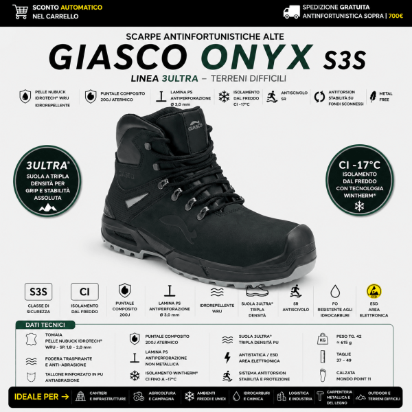 Giasco ONYX S3S sono scarpe antinfortunistiche a stivale progettate per garantire protezione avanzata