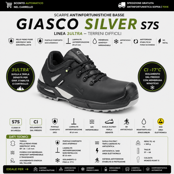 Giasco SILVER S7S sono scarpe antinfortunistiche basse progettate per offrire massima protezione S7S in ambienti outdoor