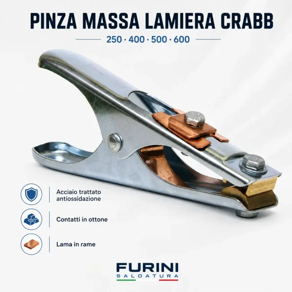 Pinza massa per lamiera CRABB 250 400 500 600 con contatti in ottone e lama in rame