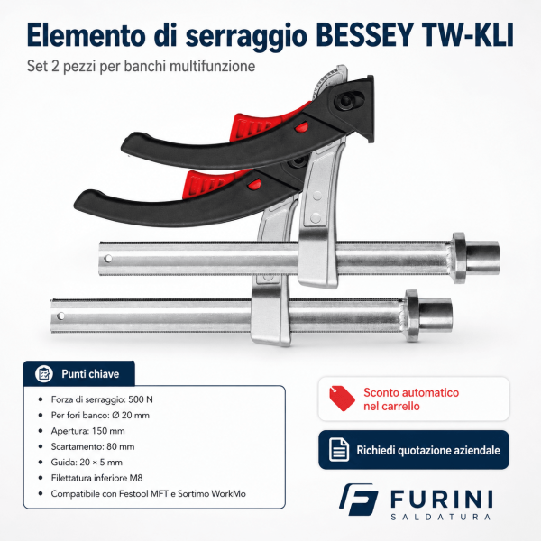 Set elementi di serraggio BESSEY TW-KLI per banco multifunzione con foro da 20 mm