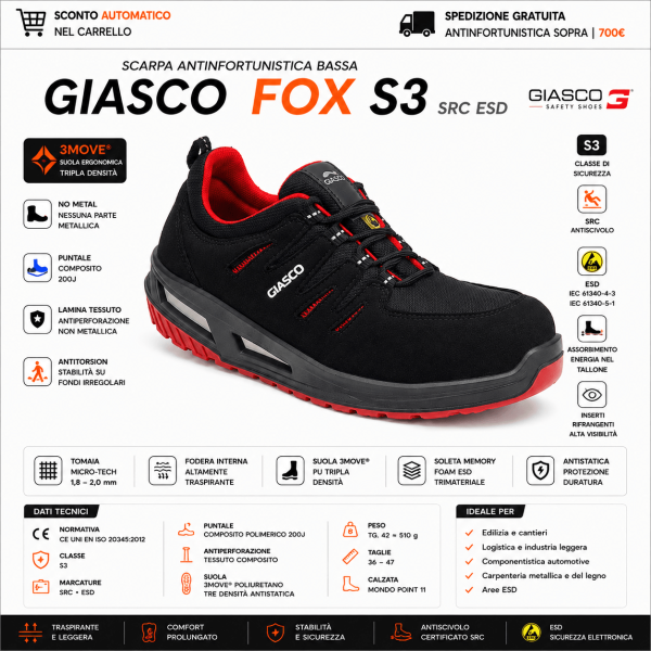 Giasco FOX S3 sono scarpe antinfortunistiche basse progettate per garantire protezione S3 completa