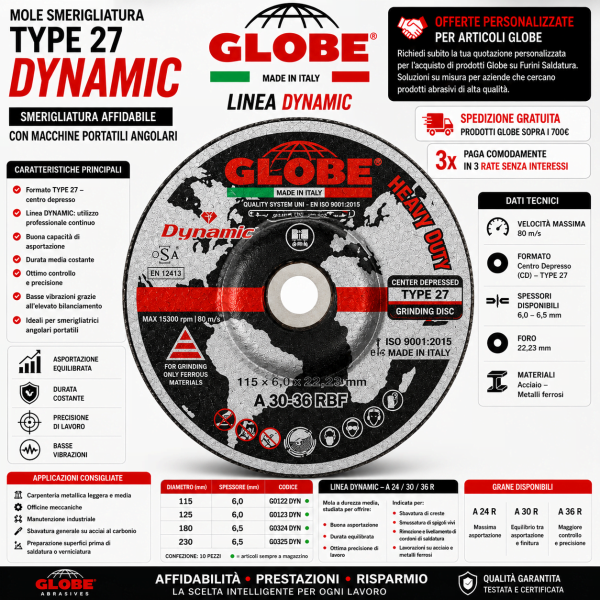 Mola da smerigliatura GLOBE DYNAMIC Type 27 A24 A30 A36 per acciaio