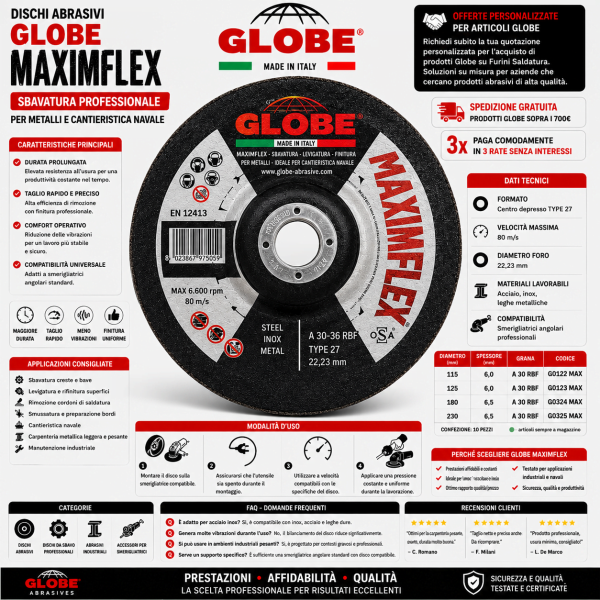 Dischi abrasivi GLOBE MAXIMFLEX per sbavatura di acciaio e inox