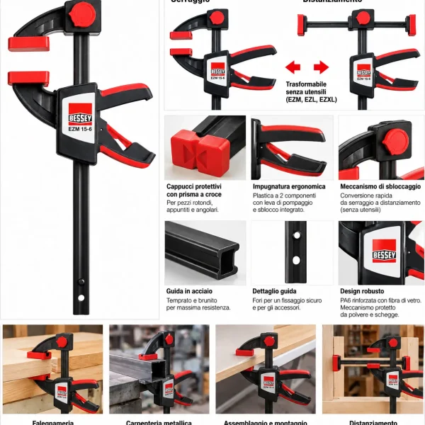 Morsetto monomanuale BESSEY serie EZ per serraggio e distanziamento fino a 2700 N