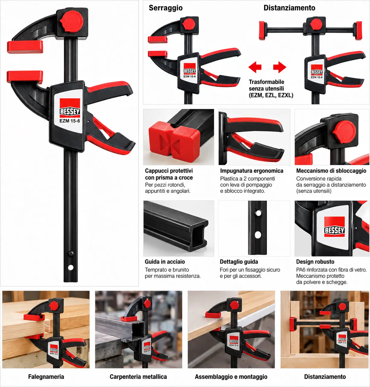 Morsetto monomanuale BESSEY serie EZ per serraggio e distanziamento fino a 2700 N