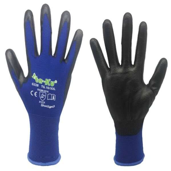 Guanti Nylon Spalmati-Poliuretano G328, ideali per attività lavorative che richiedono destrezza e protezione, come l'assemblaggio o la manipolazione di piccoli oggetti.