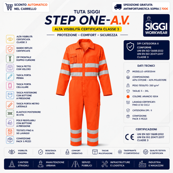 Tuta Siggi STEP ONE Alta Visibilità 69SE0544 è un DPI professionale progettato per garantire massima visibilità