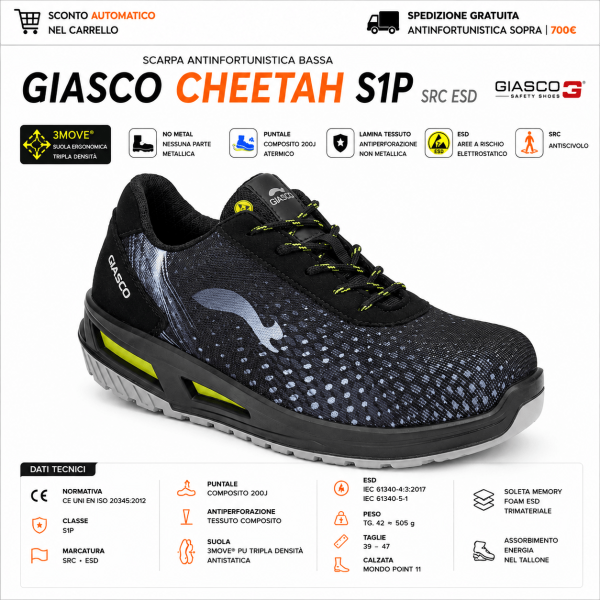 Giasco CHEETAH S1P sono scarpe antinfortunistiche basse pensate per chi lavora in ambienti dinamici indoor