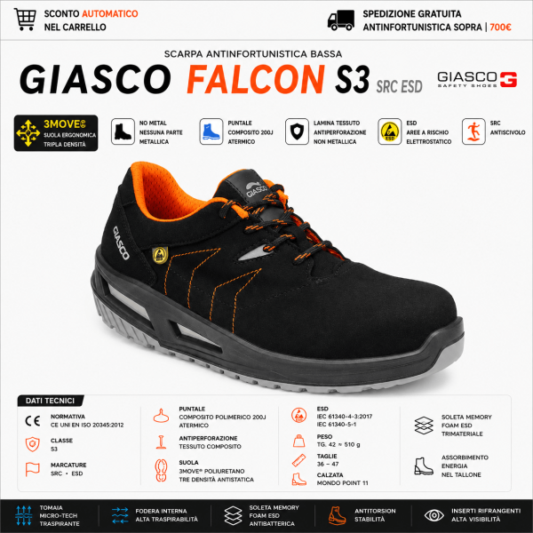 Giasco FALCON S3 sono scarpe antinfortunistiche basse progettate per offrire ergonomia avanzata, stabilità e comfort prolungato