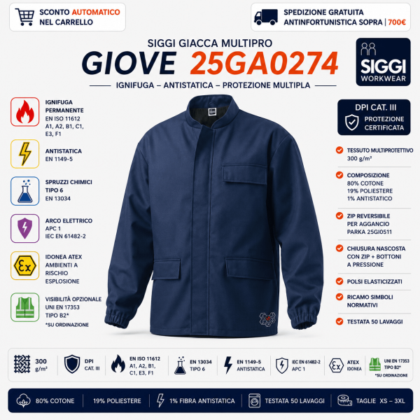 Giacca Multipro Siggi Giove 25GA0274 è un capo tecnico industriale progettato per garantire protezione contro calore, fiamma, arco elettrico