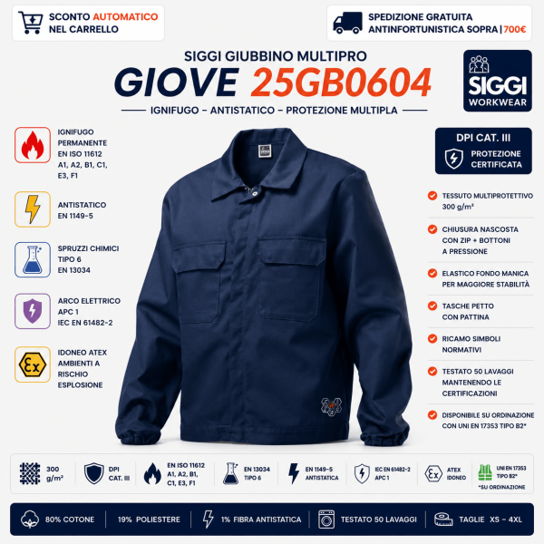 Giubbino Siggi Multipro Giove 25GB0604 è un DPI tecnico di III categoria progettato per ambienti industriali