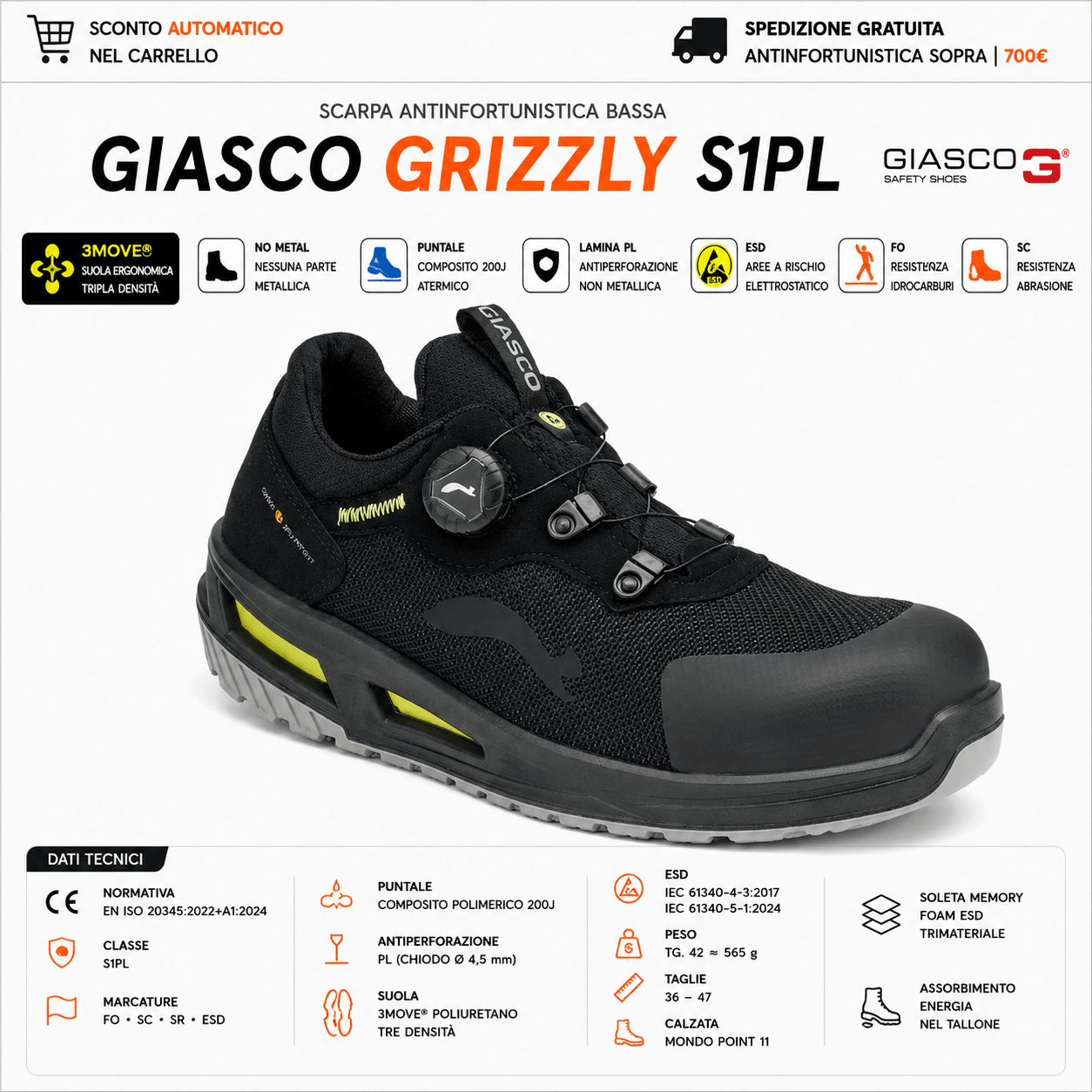 Giasco GRIZZLY S1PL sono scarpe antinfortunistiche basse sviluppate per un utilizzo professionale intensivo in ambienti industriali e logistici