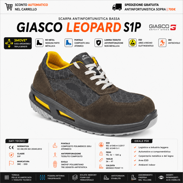 Giasco LEOPARD S1P sono scarpe antinfortunistiche basse progettate per ambienti operativi dinamici dove comfort ergonomico