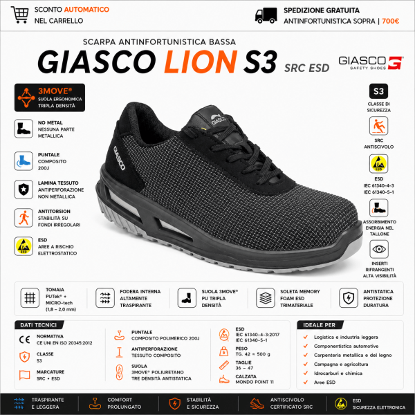 Le Giasco LION S3 sono scarpe antinfortunistiche basse progettate per offrire protezione completa, comfort ergonomico e resistenza avanzata