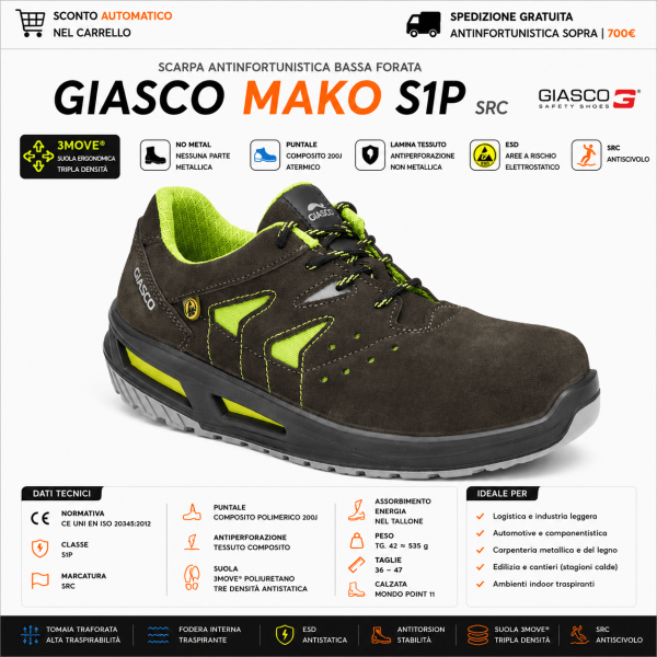 Giasco MAKO S1P sono scarpe antinfortunistiche basse forate, progettate per garantire massima ventilazione