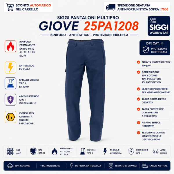 Pantaloni Siggi Multipro Giove 25PA1208 sono DPI di III categoria progettati per ambienti industriali ad alto rischio
