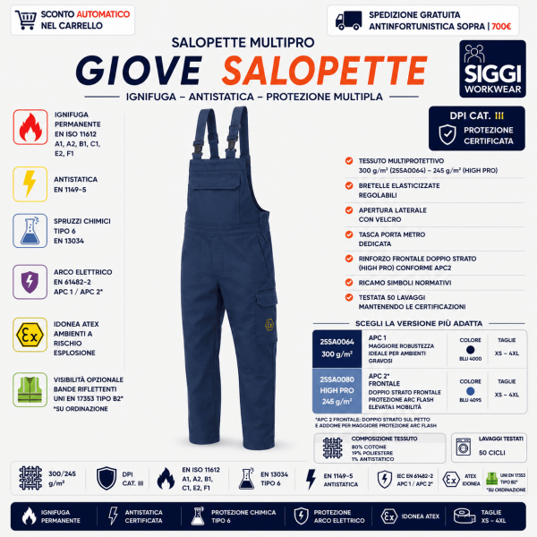 Salopette Siggi Multipro GIOVE è un DPI di III categoria progettato per ambienti industriali a rischio elevato