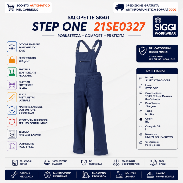 Salopette Siggi STEP ONE 21SE0327/00-0058 è progettata per ambienti professionali che richiedono robustezza, comfort operativo