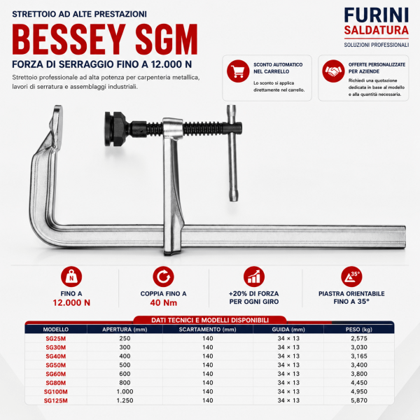 Strettoio BESSEY SGM con traversino e piastra di pressione orientabile fino a 35 gradi