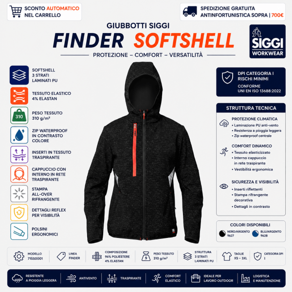 Giubbotto Siggi FINDER Softshell 71SS0001 è progettato per offrire protezione dagli agenti atmosferici