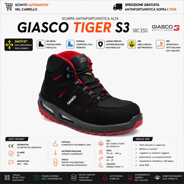 Giasco TIGER S3 sono scarpe antinfortunistiche alte alla caviglia progettate per chi lavora in cantieri