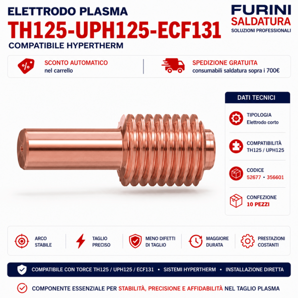 Elettrodo Plasma TH125 UPH125 ECF131 corto 52677 356601 compatibile Hypertherm