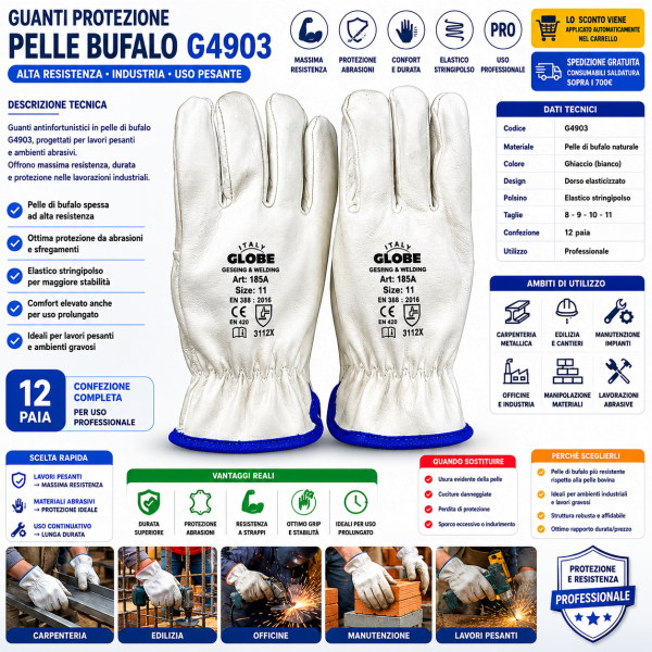 Guanti da lavoro GLOBE G4903 in pelle di bufalo per carpenteria e officina