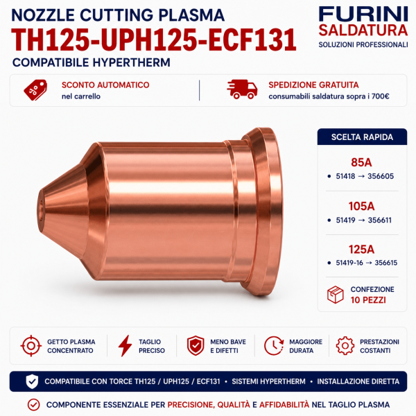 Nozzle Cutting TH125 UPH125 ECF131 ugello plasma corto 85-125A compatibile Hypertherm