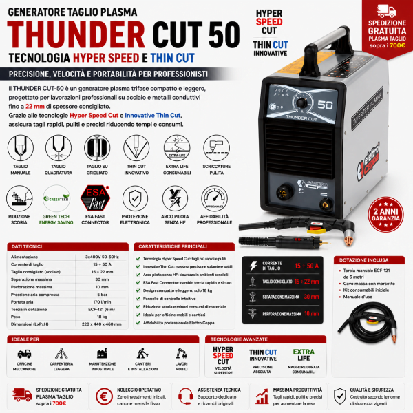 Thunder Cut 50 Elettro C.F. plasma 50A per taglio acciaio fino a 22 mm