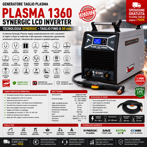 Plasma 1360 Synergic LCD Elettro C.F. 130A per taglio manuale e CNC