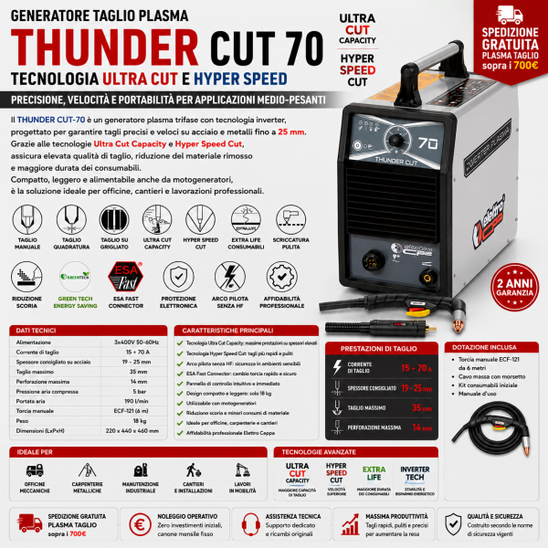 Thunder Cut 70 Elettro C.F. plasma 70A per taglio acciaio fino a 25 mm