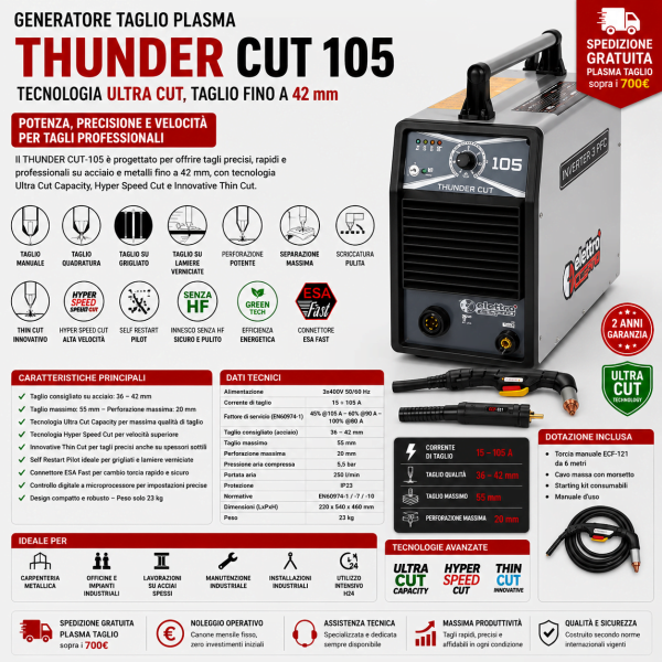 Thunder Cut 105 Elettro C.F. plasma 105A per taglio acciaio fino a 42 mm