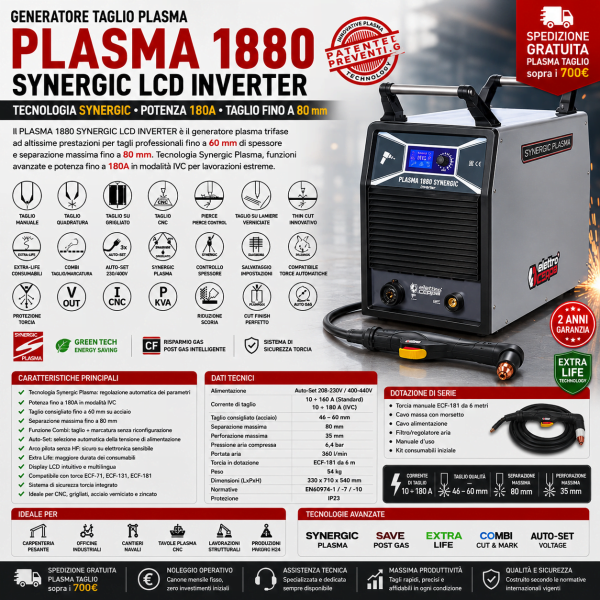 Plasma 1880 Synergic LCD Elettro C.F. 180A per taglio manuale e CNC