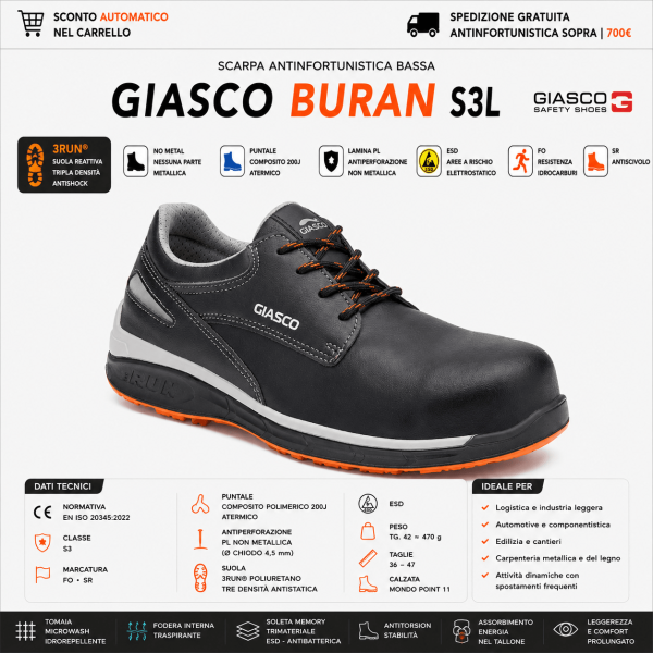 Giasco BURAN S3 sono scarpe antinfortunistiche basse progettate per chi necessita di movimento rapido