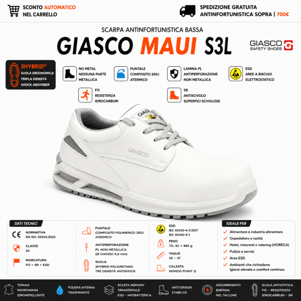 Giasco MAUI S3 sono scarpe antinfortunistiche basse progettate per ambienti dove igiene