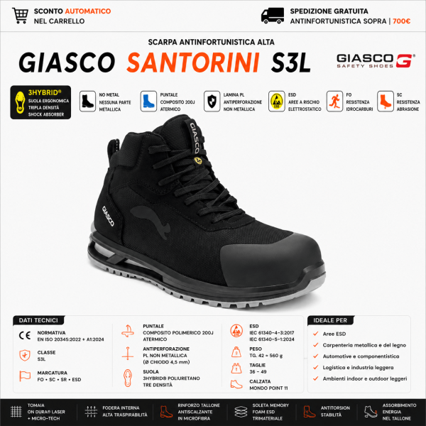 Giasco SANTORINI S3L sono scarpe antinfortunistiche alte alla caviglia progettate per ambienti industriali