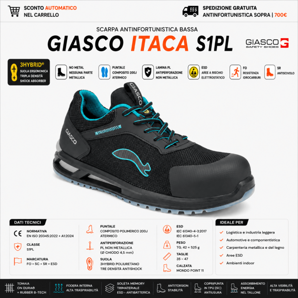 Giasco ITACA S1PL sono scarpe antinfortunistiche basse progettate per ambienti professionali dinamici