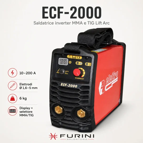 Saldatrice inverter Elettro C.F. ECF-2000 MMA TIG Lift Arc 200 A per elettrodi fino a 5 mm