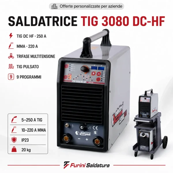 Saldatrice TIG 3080 DC-HF 250 A trifase multitensione TIG pulsato e MMA