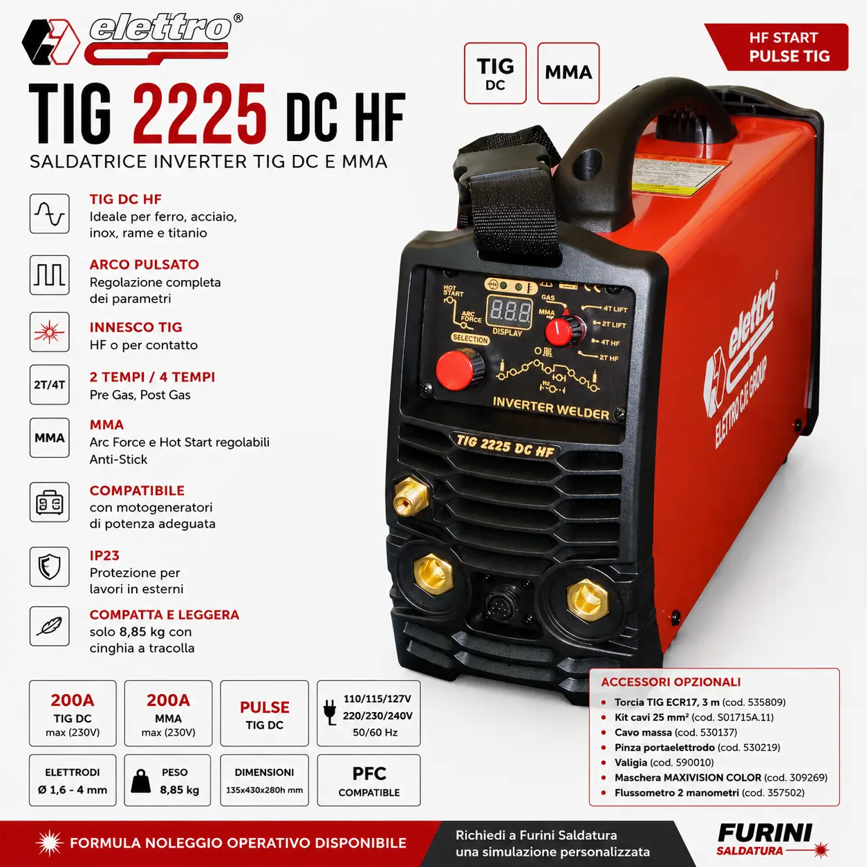 Saldatrice TIG 2225 DC HF Elettro C.F. 200A TIG Pulse e MMA