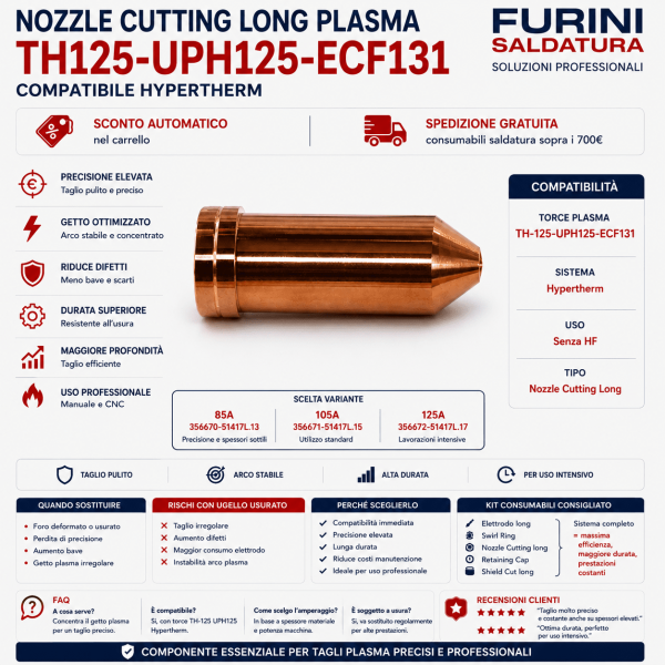 Nozzle Cutting Long TH125 UPH125 ECF131 ugello plasma 85-125A.