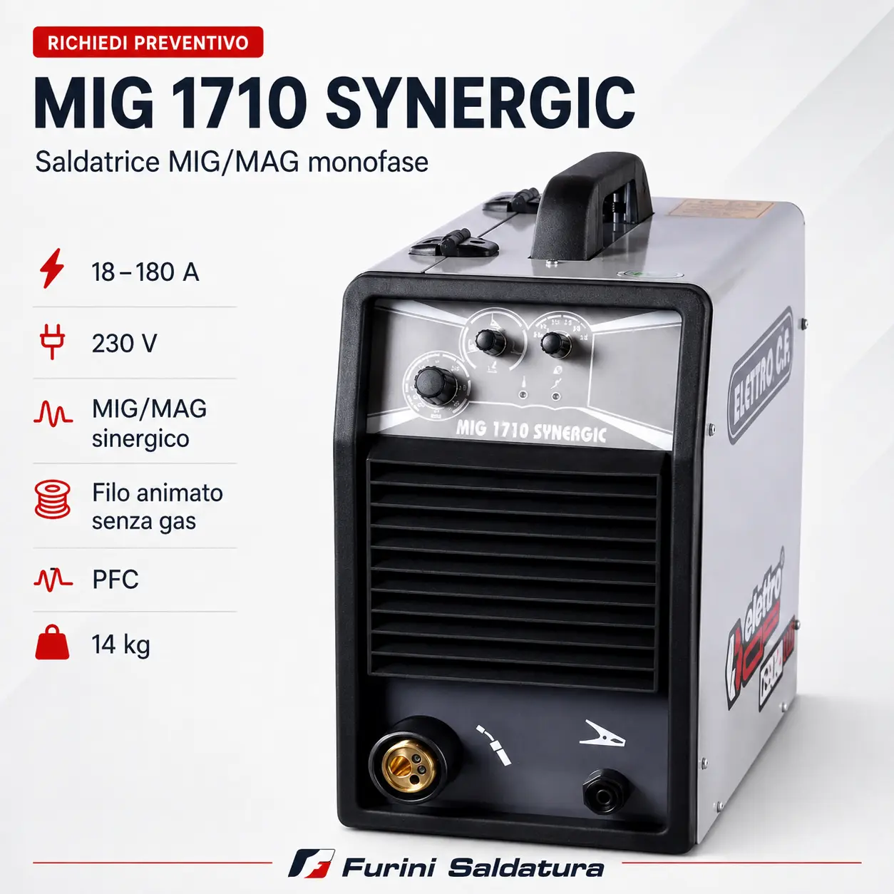 Saldatrice Elettro CF MIG 1710 SYNERGIC 180 A monofase PFC per filo pieno e animato