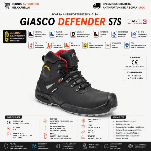Giasco DEFENDER S7S sono scarpe antinfortunistiche alte alla caviglia progettate per ambienti freddi