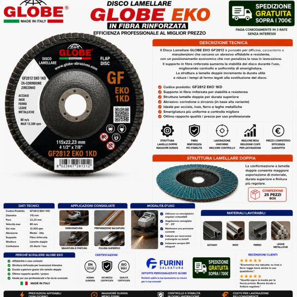 Disco lamellare GLOBE EKO GF2812 in fibra per smerigliatura acciaio e inox