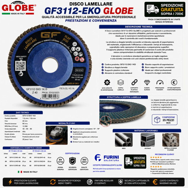 Disco lamellare GF3112-EKO GLOBE a doppia lamella per smerigliatura metalli